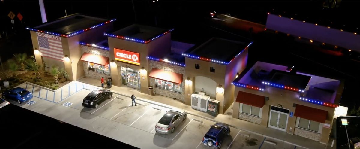 Shopping center outlined in red, white, and blue