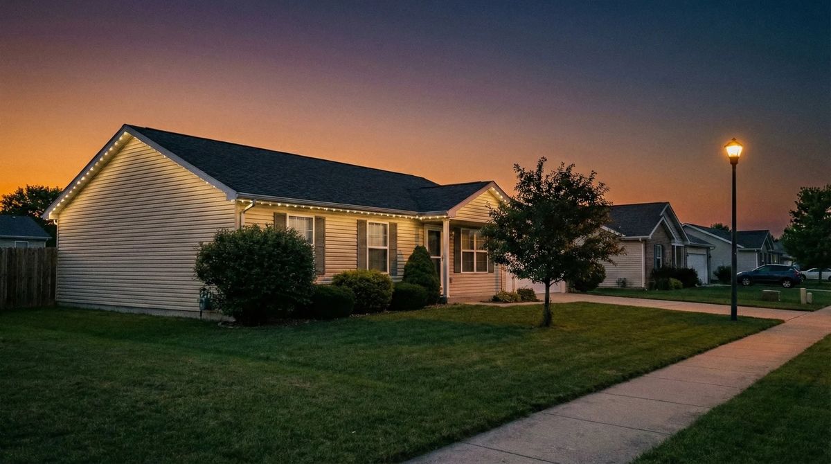 Ranch house with warm white lights under the eaves at dusk