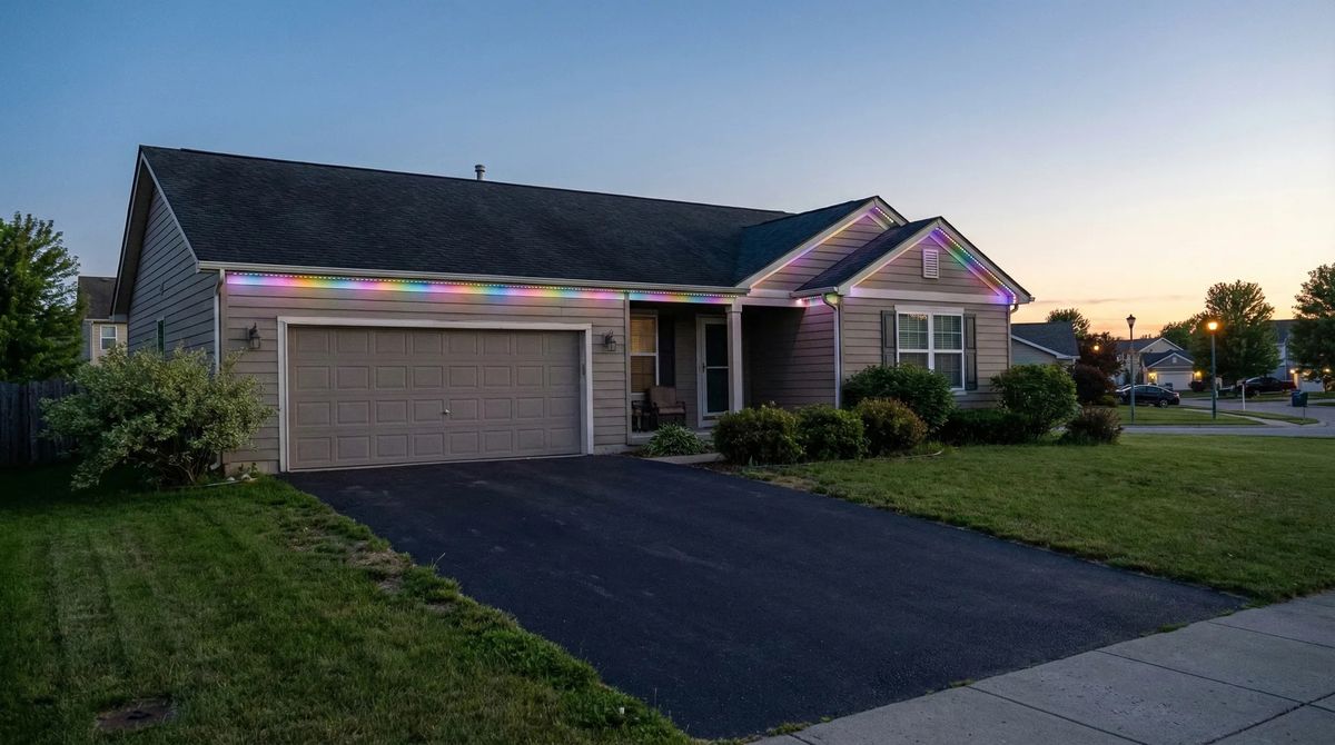 Garage and porch outlined in a rainbow of lights